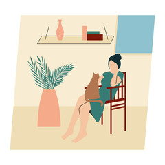 Woman with her cat. Woman dressed in trendy clothes spending time with a pet - sitting with cat in laps. Flat vector illustration.