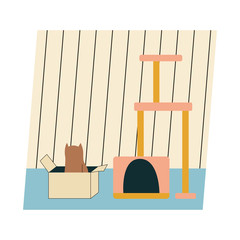 Cat sitting in box instead of new cat house. Usual cat behavior. Flat vector illustration.