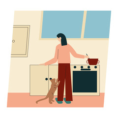 Woman with her cat. Woman dressed in trendy clothes spending time with a pet - cat asking for food. Flat vector illustration