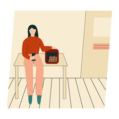 Woman with her cat. Woman dressed in trendy clothes spending time with a pet - waiting for a doctor in the veterinary clinic. Flat vector illustration.