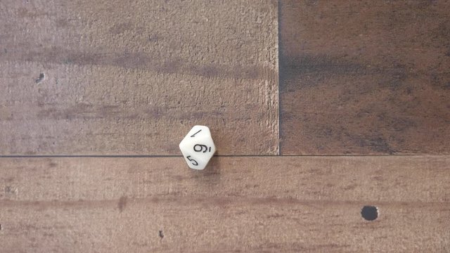 10 Sided die lands on a 9, top down, closeup 4k static shot on wood background.