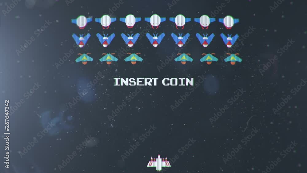 Poster old spaceship video game screen with an insert coin text blinking