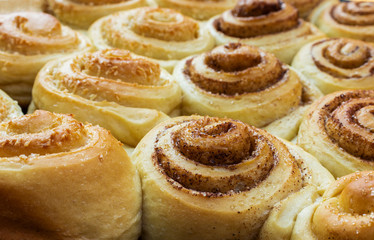 Obraz na płótnie Canvas Twisted buns made of yeast dough with cinnamon, cane sugar and coconut, close-up, top side view