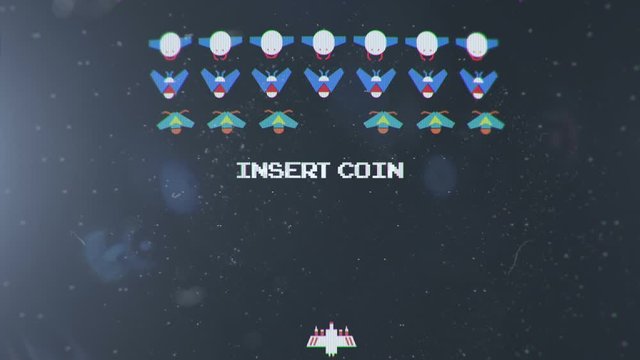 Old spaceship Video Game Screen with an Insert Coin Text Blinking