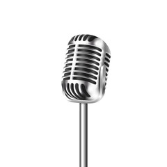 Vector 3d Realistic Steel Retro Concert Vocal Microphone Icon Closeup Isolated on White Background. Design Template of Vintage Karaoke Metal Mic. Front view
