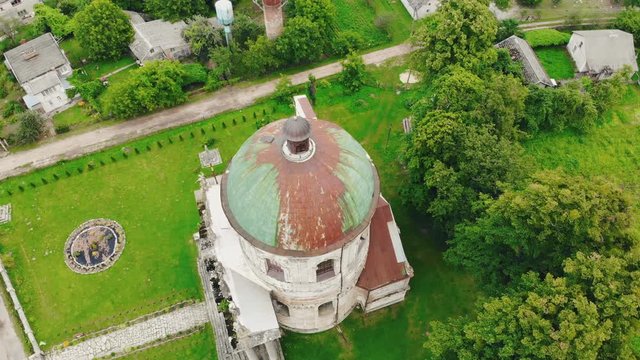 Catholic church located in the village Pidgirci (Lviv region, Ukraine), aerial view of Old Catholic church