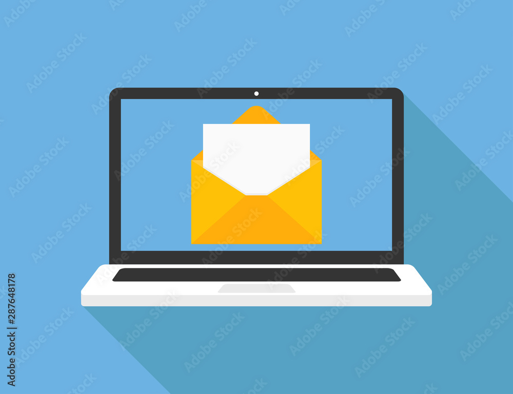 Fototapete laptop with opened letter on blue background with shadow. media concept. new message design in trend