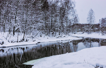 Obraz premium Winter landscape, trees in the snow on the bank of an ice-free river