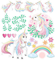 Obraz premium Set with unicorns, flowers, leaves, hearts, rainbow and other elements for girls.