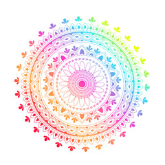 Round gradient mandala on white isolated background. Vector boho mandala in green and pink colors. Mandala with floral patterns. Yoga template