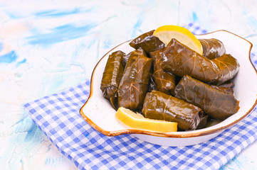 Traditional greek cuisine. Wrapped rice in grape leaves. Dolma with lemon and spices. Home cooked food. Olive branches and various spicy appetizers.