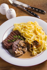 Beef steak and pasta with creamy mushroom sauce