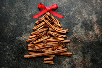 Abstract christmas tree made from cinnamon sticks. Top view with copy space.