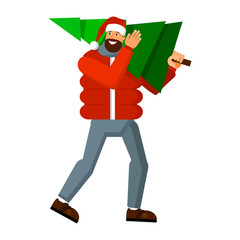 Happy man in winter clothes and a Santa Claus hat carries a Christmas tree home on Christmas eve