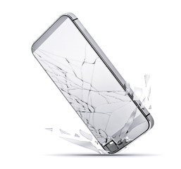 Close up of smartphone drop to the ground, broken glass screen isolated on a white background....