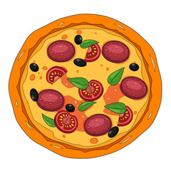 Fresh pizza with different ingredients tomato, cheese, olive, sausage basil