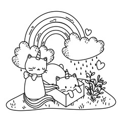 Unicorn cat cartoon couple vector design