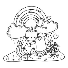 Unicorn cat cartoon couple vector design