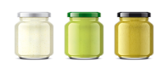 Set of Glass Jar with Sauces, Mustard, Wasabi, Horseradish. 