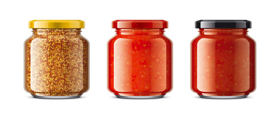 Set of Glass Jar with Sauces, Mustard. 