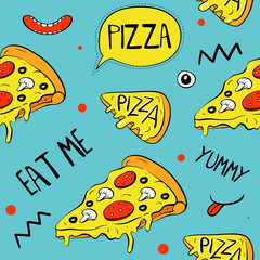 Cartoon pizza slices, seamless pattern. Vector illustrations. Print elements for textile or paper