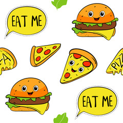 Cartoon pizza slices, seamless pattern. Vector illustrations. Print elements for textile or paper