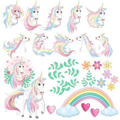 Large set with unicorns, flowers, leaves, hearts, rainbow and other design elements.