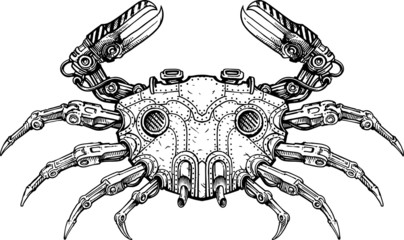Black and white vector illustration of mechanical crab 