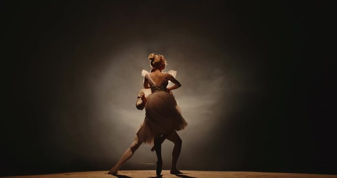 Professional duet of ballet dancers performing on stage isolated on smoked black background. Young choreographers showing their creative art 4k footage