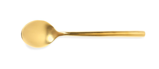 Stylish clean gold spoon on white background, top view
