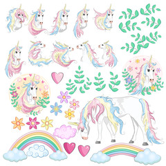 Large set with unicorns, flowers, leaves, hearts, rainbow and other design elements.