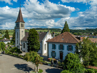 Fototapeta na wymiar View of Church from City Wall in Murten