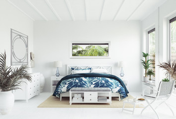 White tropical bedroom interior, Coastal style, 3d render - obrazy, fototapety, plakaty