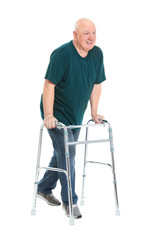 Elderly man with walking frame on white background. Medical help