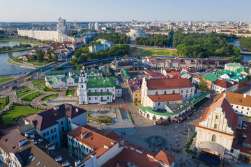 Fototapeta na wymiar Aerial view on a Trinity suburb - old historic centre, and Minsk city, Minsk, Belarus.