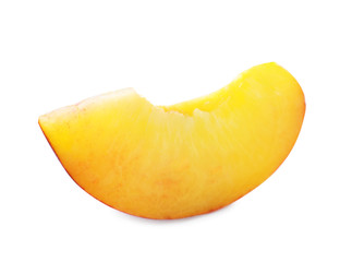 Fototapeta na wymiar Slice of sweet juicy peach on white background