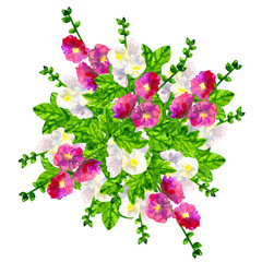 Bouquet of pink purple mallow with leaves. White mallow. Hand drawn watercolor illustration. Isolated on white background.