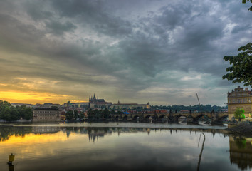 Beautiful colorful view of twilight over Charles Bridge and Prague Castle. Prague, Czech Republic