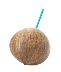 Brown coconut with straw on white background