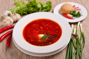 Traditional Ukrainian Russian borscht with white beans on the bowl. Traditional Ukraine food cuisine