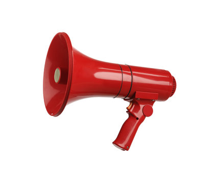 Red electronic megaphone on white background. Loud-speaking device