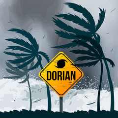 Hurricane Dorian in the USA. Tornado in America on the ocean against the backdrop of the beach and palm trees.