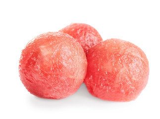 Juicy sweet watermelon balls on white background