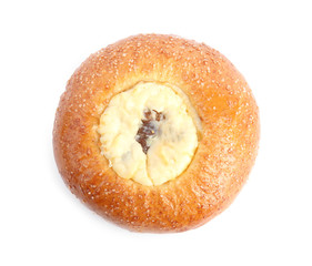 Fresh delicious sweet pastry on white background, top view