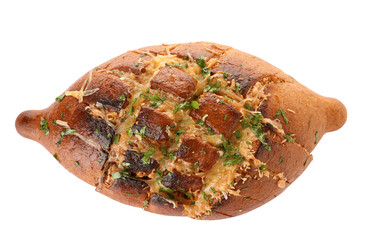 Delicious homemade garlic bread with herbs and cheese on white background