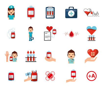 donation blood and cardiology set icons