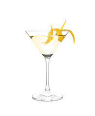 Glass of lemon drop martini cocktail  with zest on white background