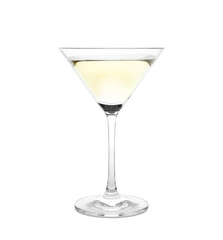 Glass of martini cocktail on white background