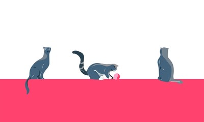 Three cute cats on the wall. Flat vector illustration.