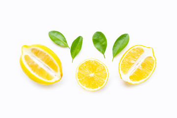Lemon  and slices with leaves isolated on white. Copy space